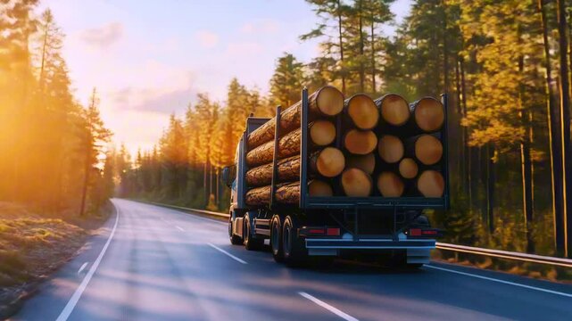 Logging Truck on Scenic Road. Logging truck is transporting large load of freshly cut timber logs through country road in forest
