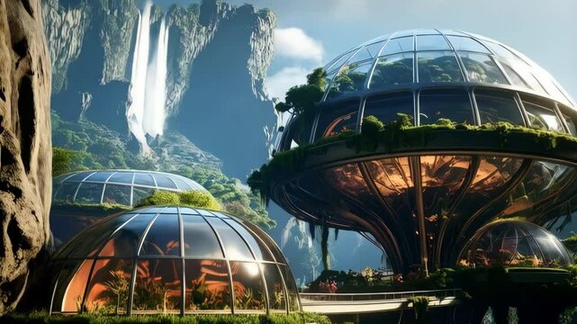 Futuristic biosphere domes nestled in lush landscape with bridge and waterfalls surrounded by mountains, creating a tranquil futuristic setting