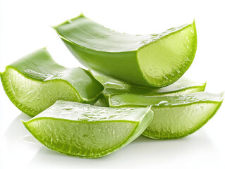 Fresh aloe vera slices with glossy texture are stacked, showcasing their translucent gel and vibrant green color. image highlights natural, soothing properties of aloe vera