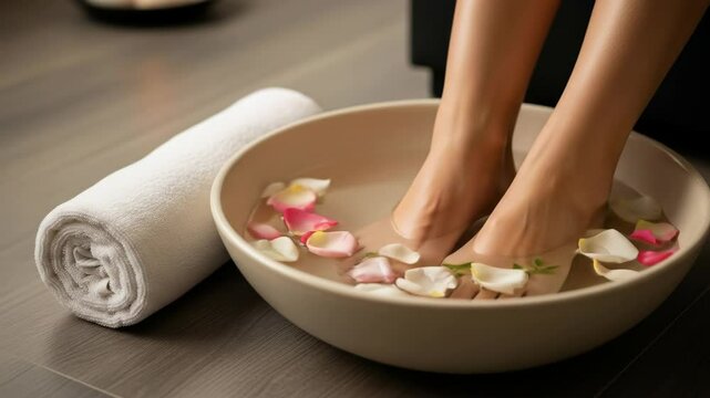 Woman soaking feet in bowl at spa. Foot bath with flower petals for relaxation and well-being. Pampering and self care footage.