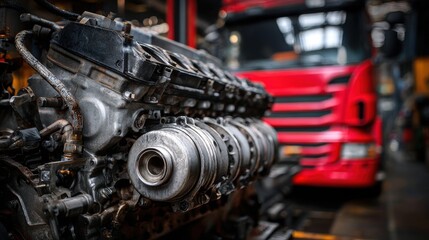 Fototapeta premium High-Quality Stock image of disassembled truck engine in repair service. Heavy machinery, diesel motor vehicle part close-up. Red truck blurred background. Maintenance, repair.