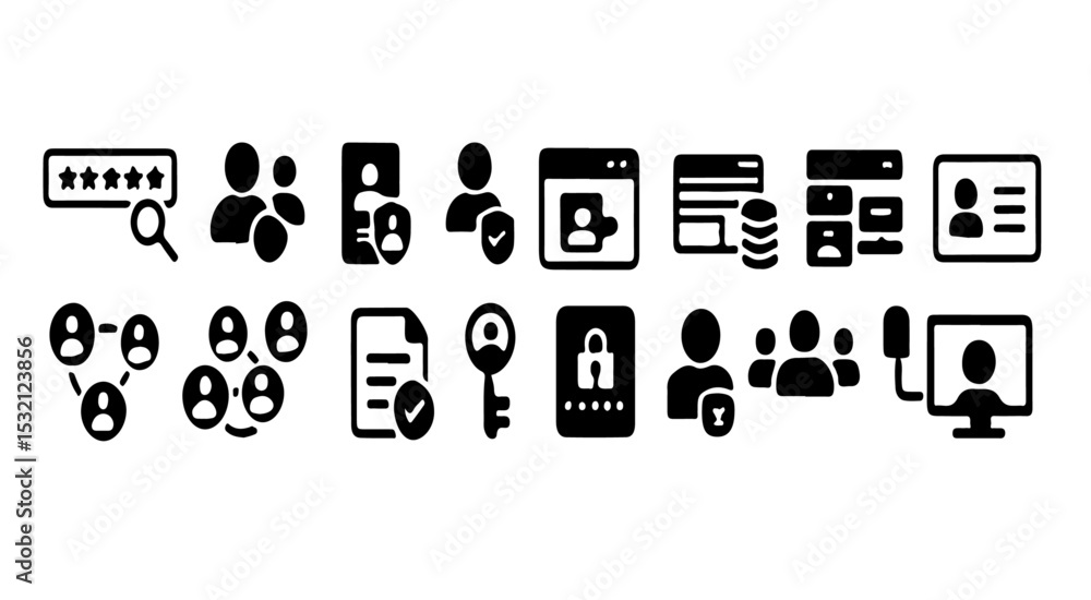 Fototapete a collection of black and white security and networking icons arranged in two rows on a white backgr