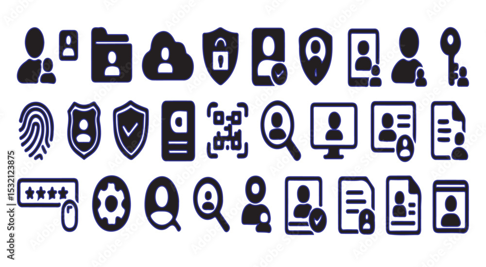 Fototapete a collection of various black and white security and user interface icons arranged in a grid pattern