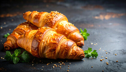 Golden, flaky croissants topped with sesame seeds, garnished with fresh parsley, set against a dark, textured background