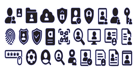 A collection of various black and white security and user interface icons arranged in a grid pattern format