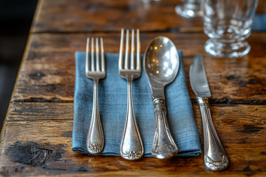 Elegant silverware set including forks, spoon, and knife placed on a blue napkin on rustic wood table