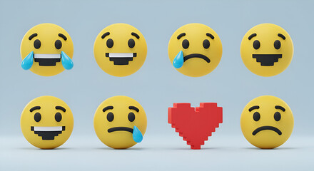 Fototapeta premium Collection of diverse emoji characters in various emotional states. Colorful, 3D rendered expressions displayed in a minimalist setting.