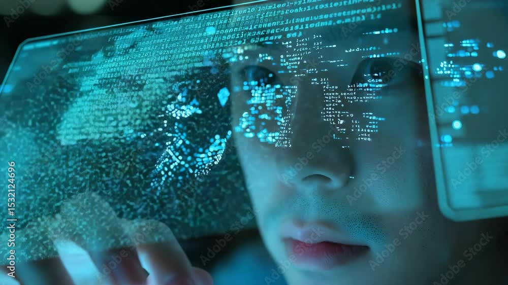 Poster a person closely interacting with floating digital holographic data and futuristic blue lights.