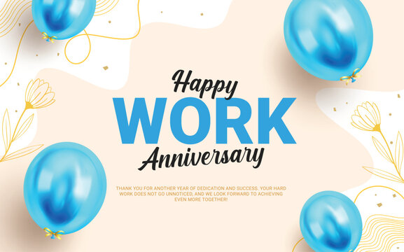Happy work anniversary greeting clipart design. Company invitation card clip art with blue balloons elements for celebration of success, achievement and hard work background vector illustration. 
