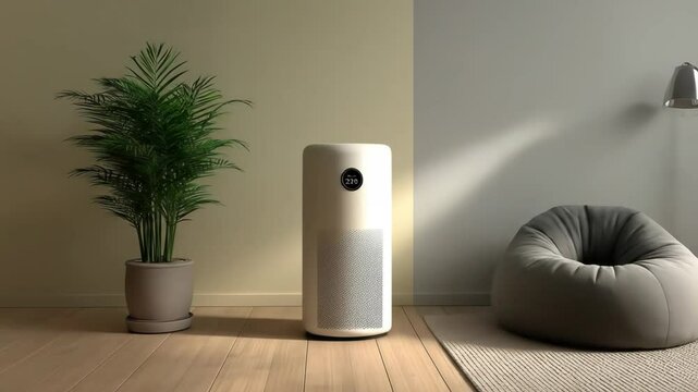 Modern air purifier in living room.