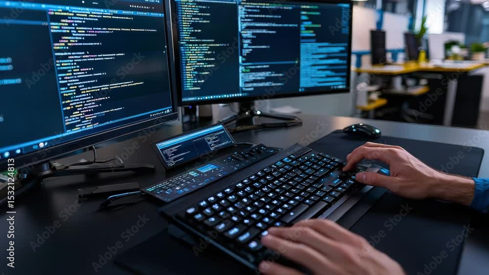 Aufkleber A person is typing code on a backlit keyboard with multiple monitors displaying programming scripts in a modern office.