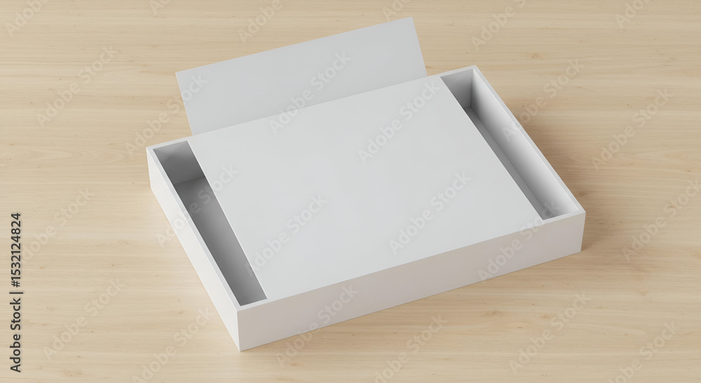 Poster empty white box open on light wood surface. product packaging display with lid ajar. blank box for p