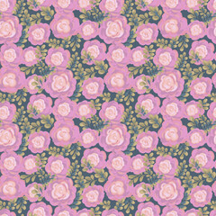 Seamless vector floral pattern with hand painted pink roses and green leaves on a muted blue background. Elegant brushstroke style, perfect for textiles, wallpaper, gift wrap, fashion, decor