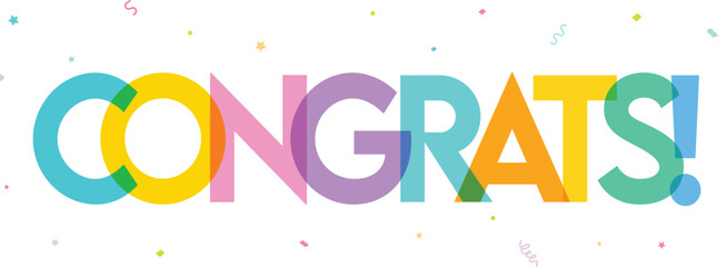 Congratulation greeting text colorful clipart banner. Congrats typography and calligraphy multicolored clip art with colorful confetti in white background vector illustration. 

