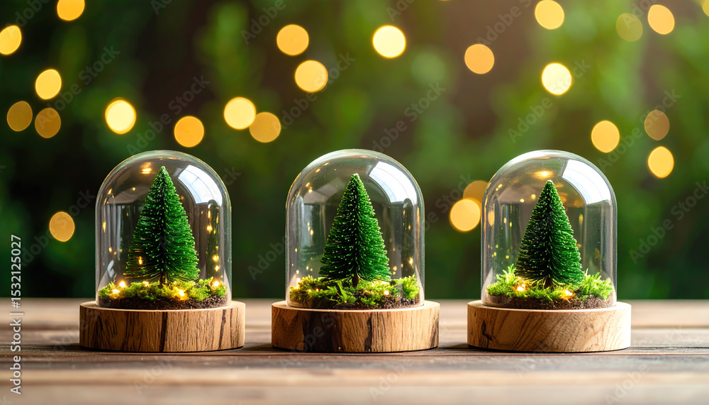 Poster miniature christmas trees under glass domes with soft bokeh lights in the background create a festiv