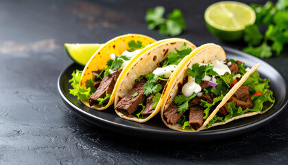 Delicious tacos filled with tender beef, fresh cilantro, and creamy sauce, served with lime on a dark plate, perfect for a savory meal