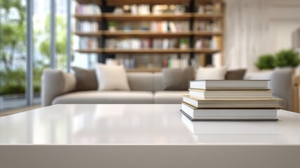 High-Quality Stock image of close - up Modern white table top with free space to edit your product display with books above the living room blurred in the background.