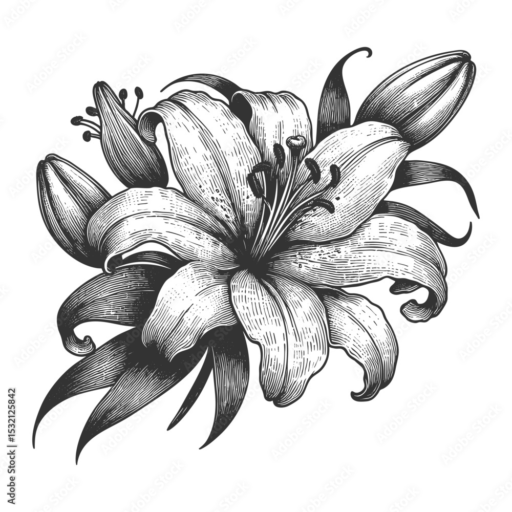 Poster lily flower sketch engraving generative ai fictional character vector illustration. scratch board im