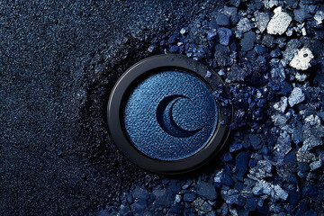 Deep blue cosmetic compact with crescent moon design on a bed of crushed glitter.