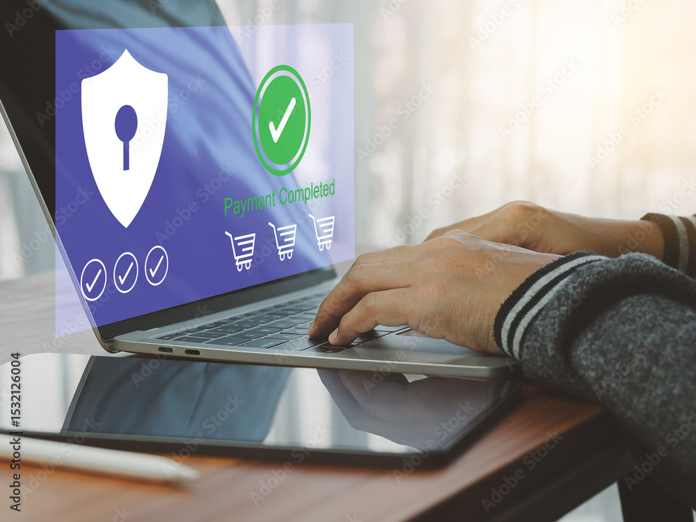 Poster an online payment completed with secure transaction and data protection on laptop, showing hands typ