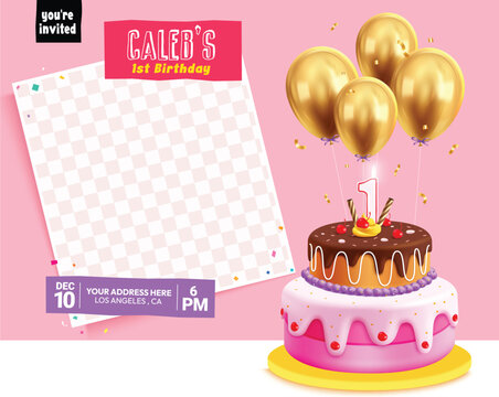 Birthday invitation card clipart template. First birthday invitation card clip art with editable frame space, balloons and yummy delicious cake party elements in pink background vector illustration.  