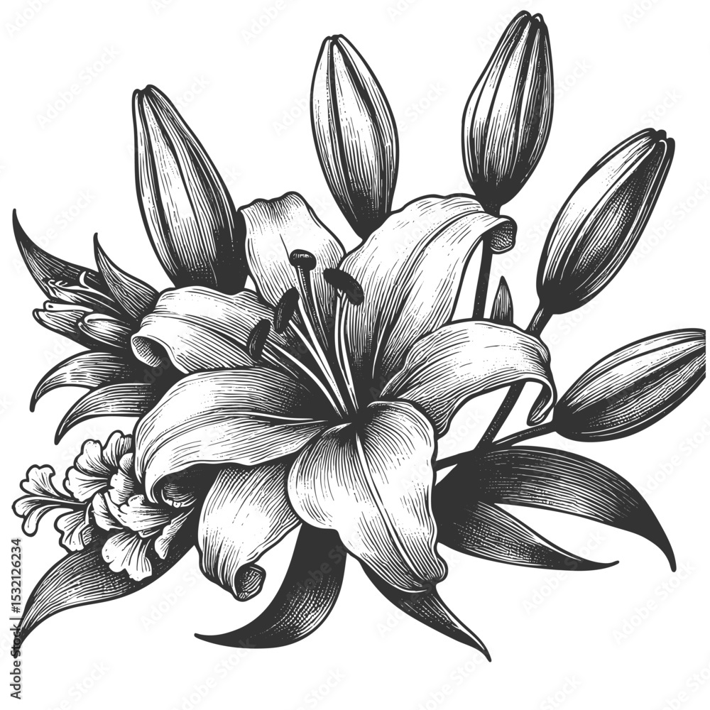 Poster lily flower sketch engraving generative ai fictional character vector illustration. scratch board im