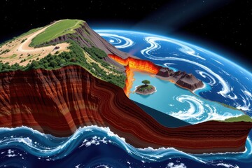 oceanic plate subduction fueling volcanic arcs and seismic zones along convergent margins.
