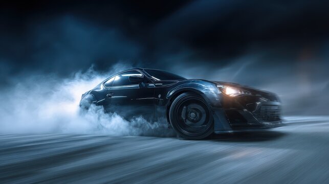 High-Quality Stock image of car performing drifts with smoke billowing from the wheels, motion blur, a sports car, high speed.