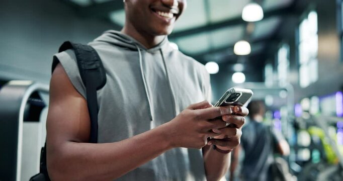 Athlete, hands and man with phone at gym for workout progress, chat notification or training app. Fitness, person and sports bag with smartphone at health club for exercise tracking or social media