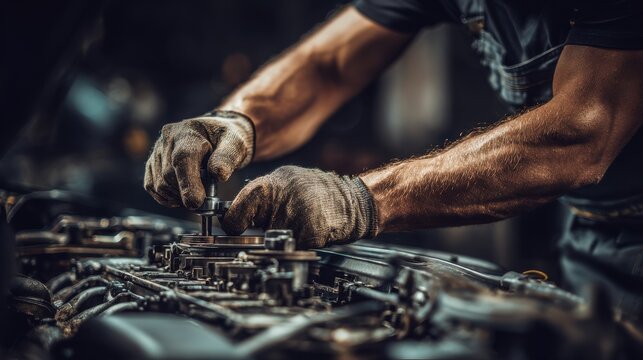 High-Quality Stock image of car mechanic working in auto repair service. Closeup of auto mechanic hands repairing car engine.