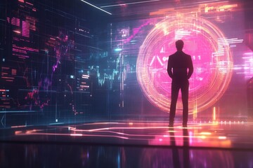 Financial business technology concept with holographic data graphs and charts