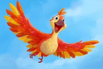 joyful cartoon bird flying in the sky with bright colorful feathers. perfect for children’s content and creative projects