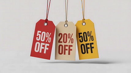 Colorful price tags displaying discount percentages against a clean white background for sales
