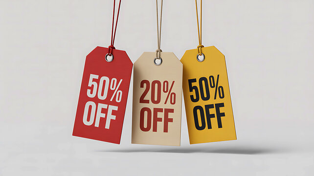 Colorful price tags displaying discount percentages against a clean white background for sales