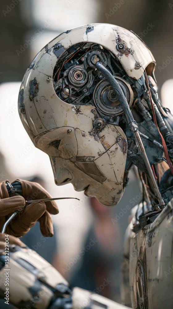 Poster close up of a humanoid robot head being repaired with visible inner mechanisms and facial features