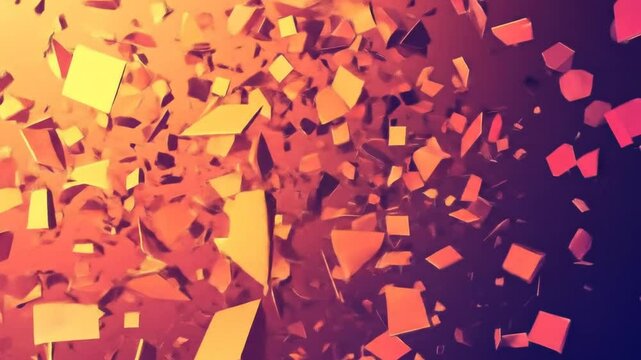 Abstract explosion of geometric shapes, vibrant colors.  Fragments of orange and red solids in motion