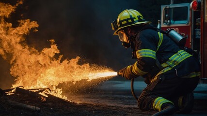 Firefighter kneeling with extinguisher putting out a fire at night near an engine