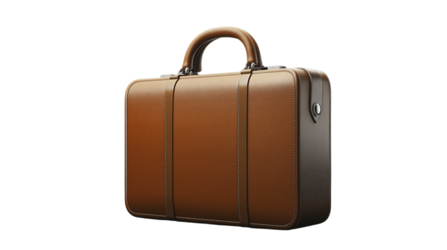 3D briefcase icon in leather texture with metallic details, classic business tool, PNG
