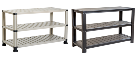 Two light and dark plastic storage shelves isolated with transparent background