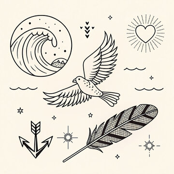 Tiny Tattoo Icons &ndash; Wave, Bird, Arrow