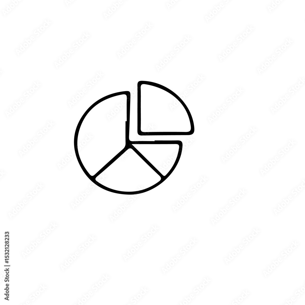 Poster a simple black and white drawing of a pie chart with a slice removed on a plain white background vie