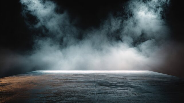 High-Quality Stock image of abstract dark background with smoke and fog on a concrete floor, an empty scene for product presentation.