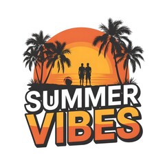 Naklejka premium Vibrant Summer Vibes Illustration with Palm Trees Sunset Couple Silhouette and Beach Ball for Tropical Holiday Design