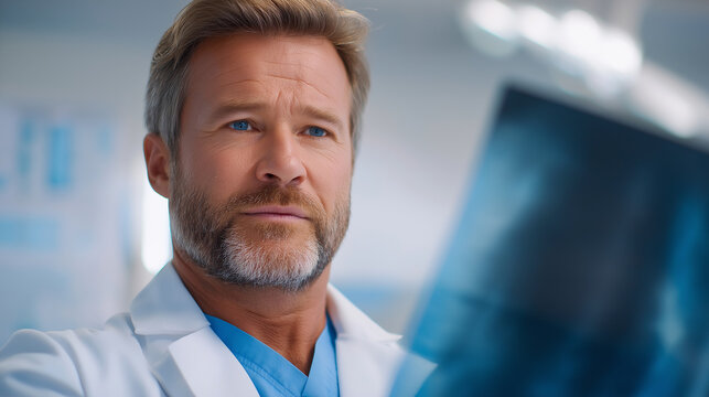 Doctor examines patient's x-ray in hospital setting, focused and professional