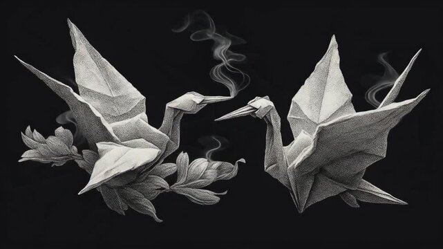 Origami Cranes with Smoke, and Dark Background.