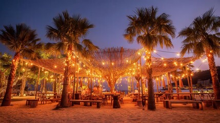 Relaxing Beach Bar Atmosphere with Palm Canopy