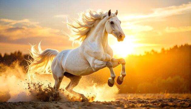 A majestic white horse gallops through a sandy landscape, illuminated by a warm sunset, creating a stunning display of movement and light