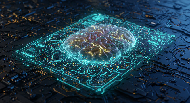 Futuristic concept of artificial intelligence showing the brain on a circuit board