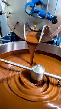 Chocolate production line shows liquid chocolate pouring into a machine with mixing elements to process the food item