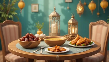 Iftar table setting with many food like date fruit, curry etc